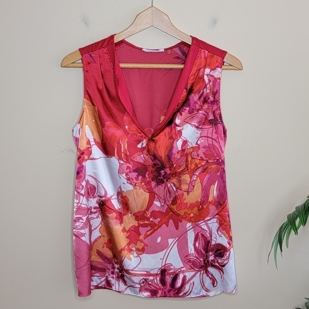 T Tahari Red Abstract Floral Print Tank Blouse Size Small